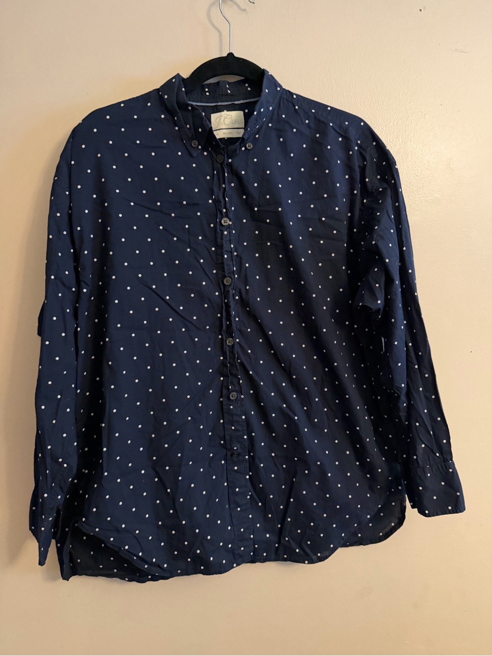 J. Crew Navy Button-Down Shirt with White Polka Dots